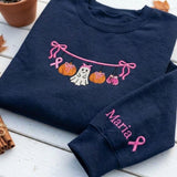 Custom Breast Cancer Ghost Sweatshirt, Pink Ribbon Sleeve Name Halloween Crewneck