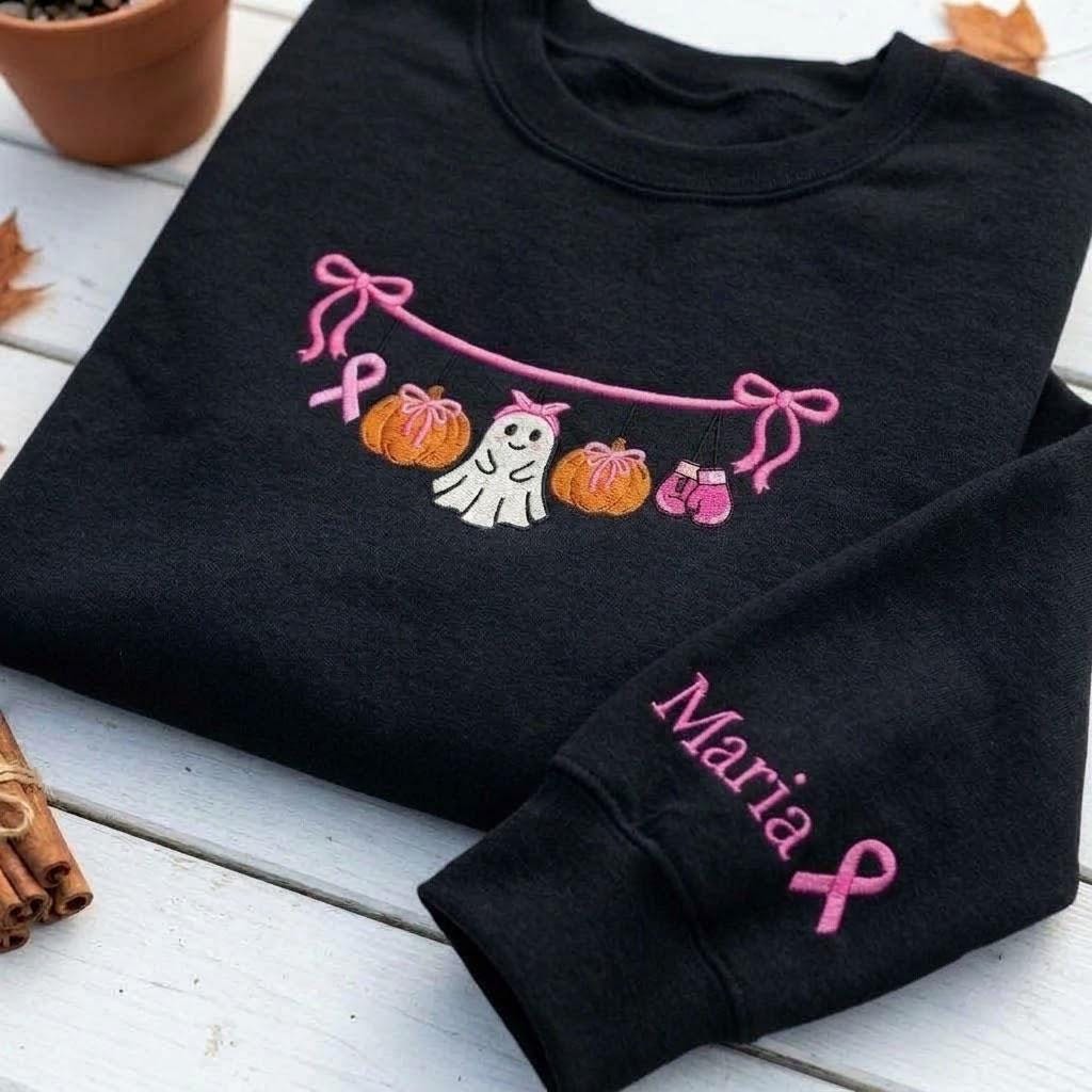 Custom Breast Cancer Ghost Sweatshirt, Pink Ribbon Sleeve Name Halloween Crewneck