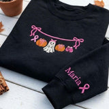 Custom Breast Cancer Ghost Sweatshirt, Pink Ribbon Sleeve Name Halloween Crewneck
