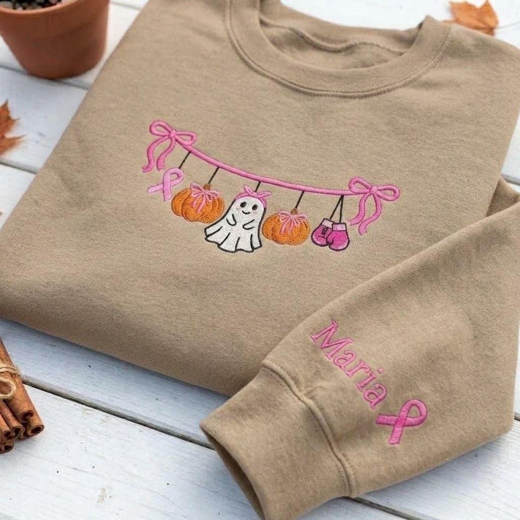 Custom Breast Cancer Ghost Sweatshirt, Pink Ribbon Sleeve Name Halloween Crewneck