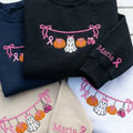 Custom Breast Cancer Ghost Sweatshirt, Pink Ribbon Sleeve Name Halloween Crewneck