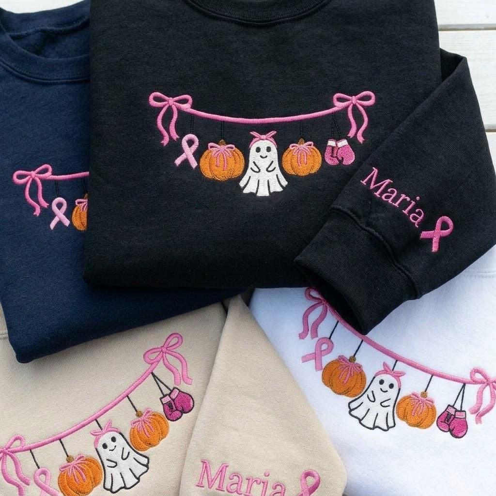 Custom Breast Cancer Ghost Sweatshirt, Pink Ribbon Sleeve Name Halloween Crewneck