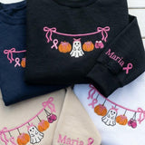 Custom Breast Cancer Ghost Sweatshirt, Pink Ribbon Sleeve Name Halloween Crewneck