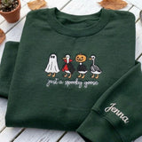 Custom Spooky Goose Embroidered Sweatshirt, Funny Halloween Sleeve Name Crewneck