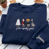 Custom Spooky Goose Embroidered Sweatshirt, Funny Halloween Sleeve Name Crewneck
