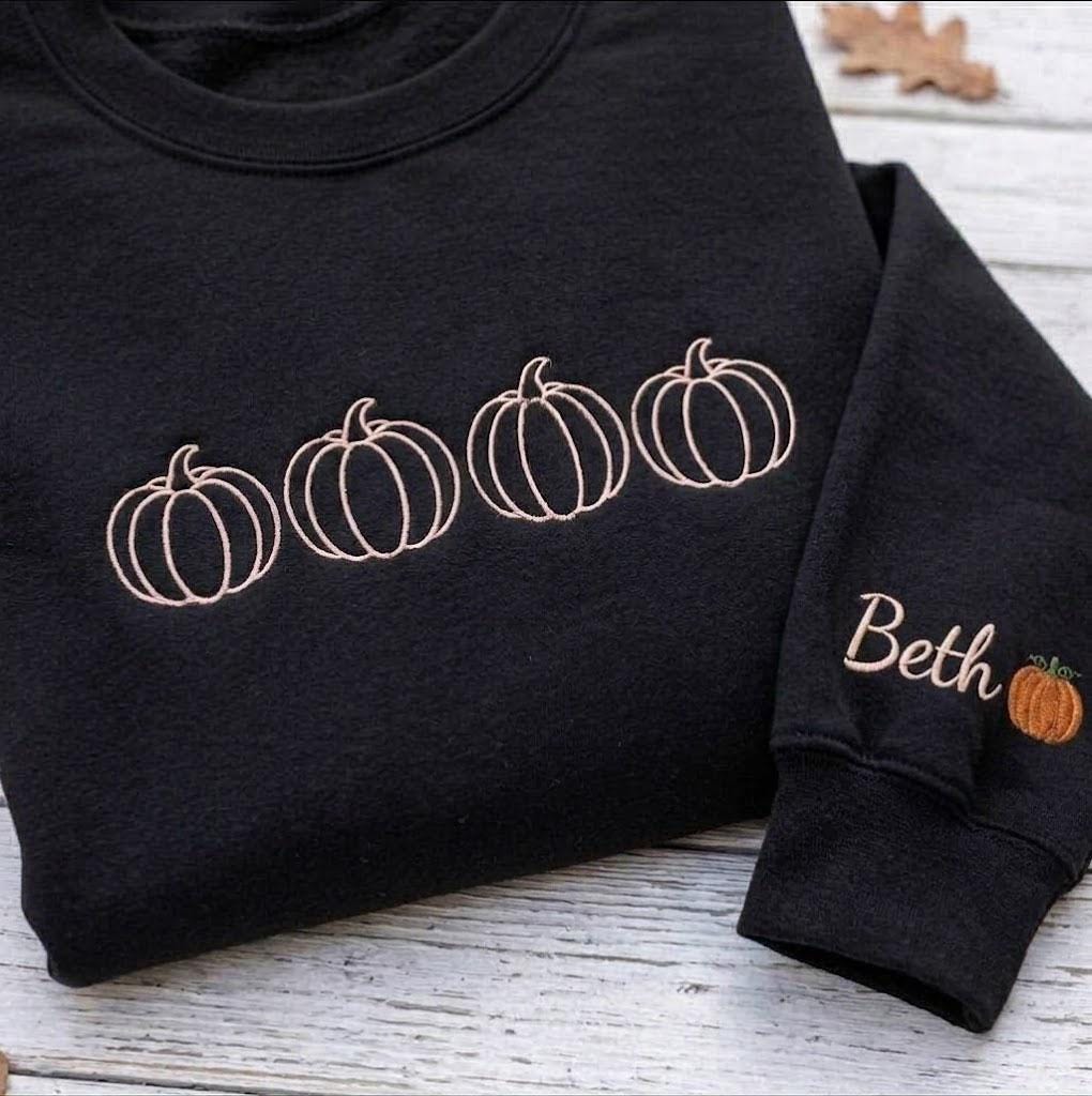 Custom Pumpkin Embroidered Sweatshirt, Line Art Fall Sleeve Name Crewneck