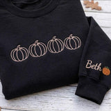 Custom Pumpkin Embroidered Sweatshirt, Line Art Fall Sleeve Name Crewneck