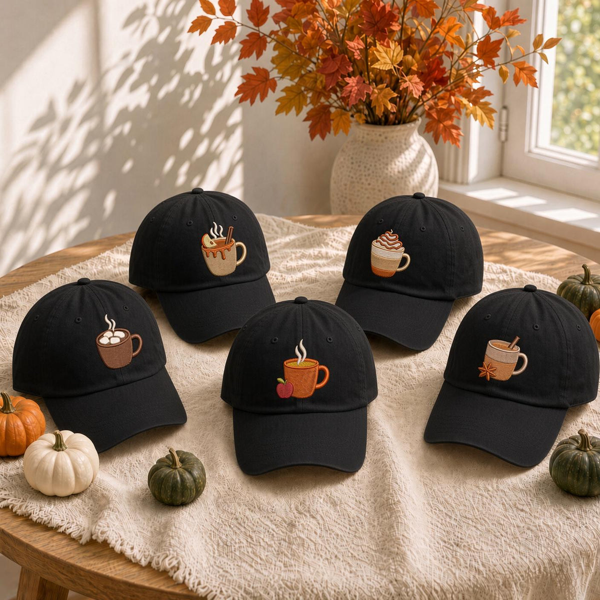 Autumn Coffee Cup Embroidered Hat, Cozy Fall Drinks Baseball Cap, Coffee Lover Gift