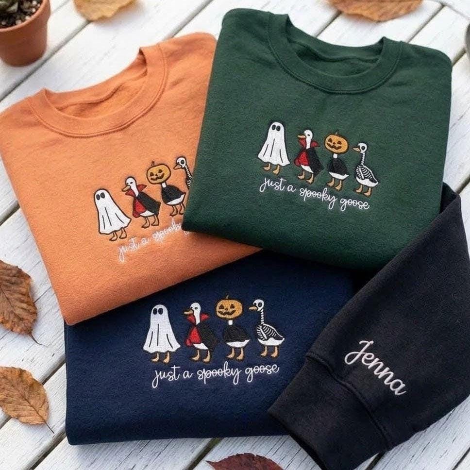 Custom Spooky Goose Embroidered Sweatshirt, Funny Halloween Sleeve Name Crewneck