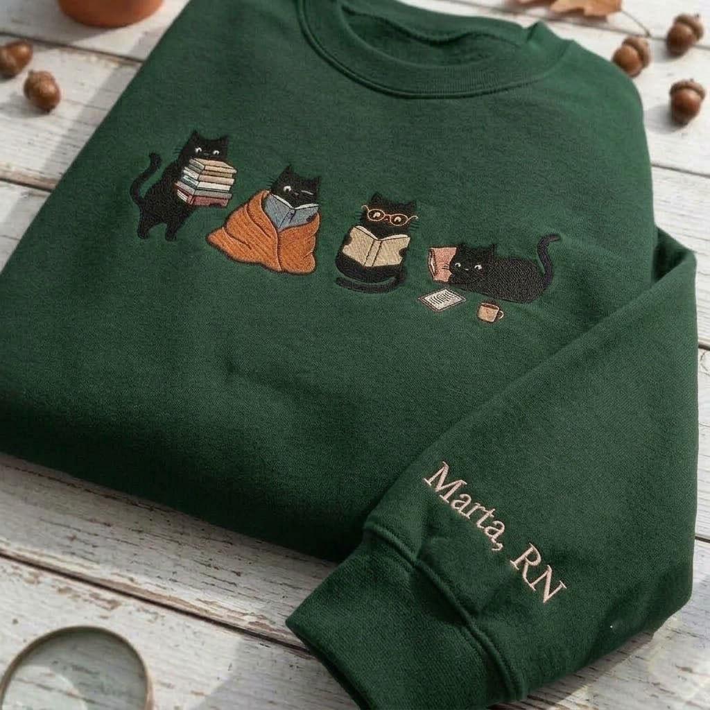 Custom Embroidered Reading Cats Sweatshirt, Personalized Sleeve Name Bookish Crewneck