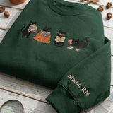 Custom Embroidered Reading Cats Sweatshirt, Personalized Sleeve Name Bookish Crewneck