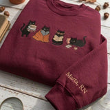 Custom Embroidered Reading Cats Sweatshirt, Personalized Sleeve Name Bookish Crewneck