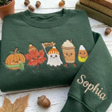 Custom Embroidered Fall Friends Sweatshirt, Personalized Sleeve Name Ghost Latte Crewneck