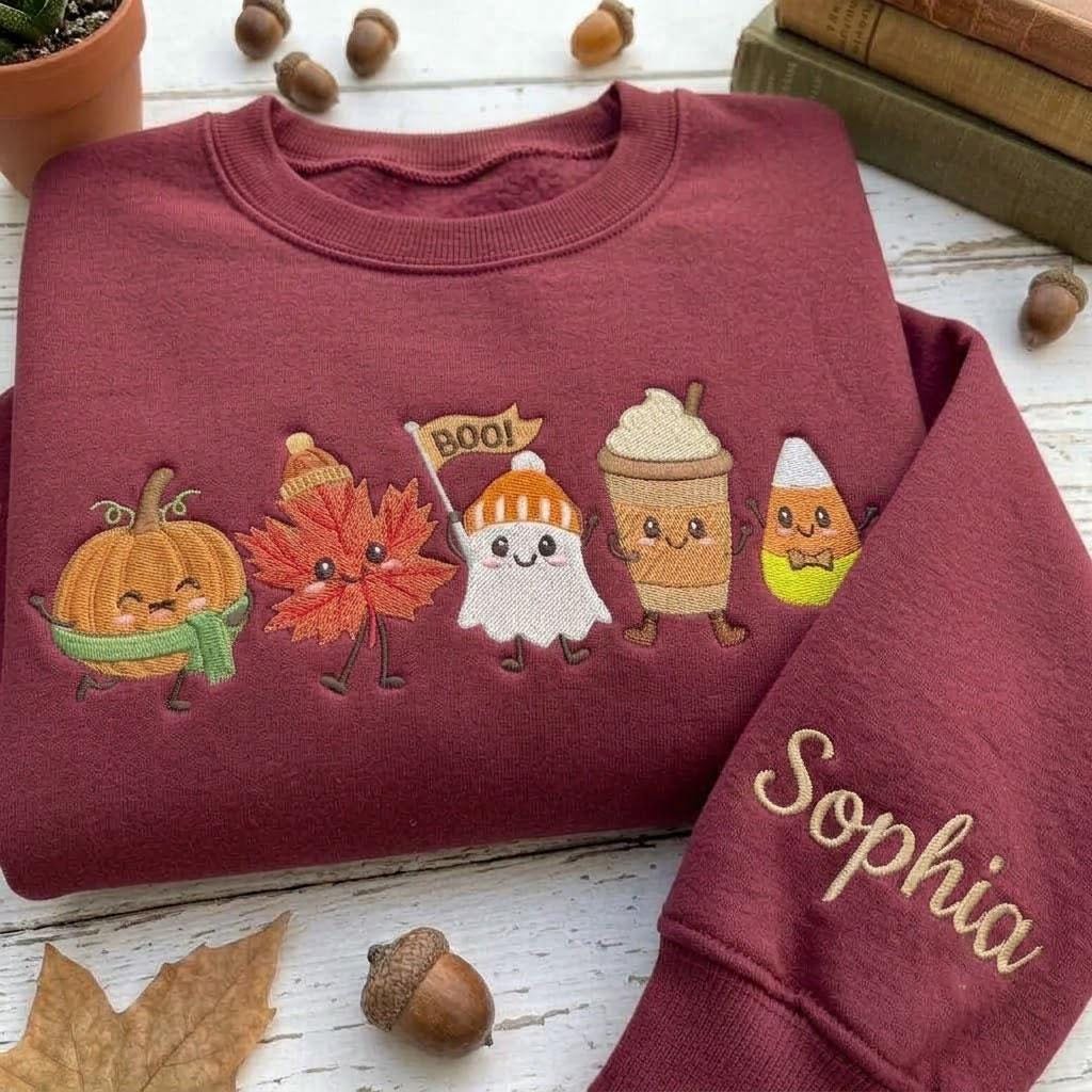 Custom Embroidered Fall Friends Sweatshirt, Personalized Sleeve Name Ghost Latte Crewneck