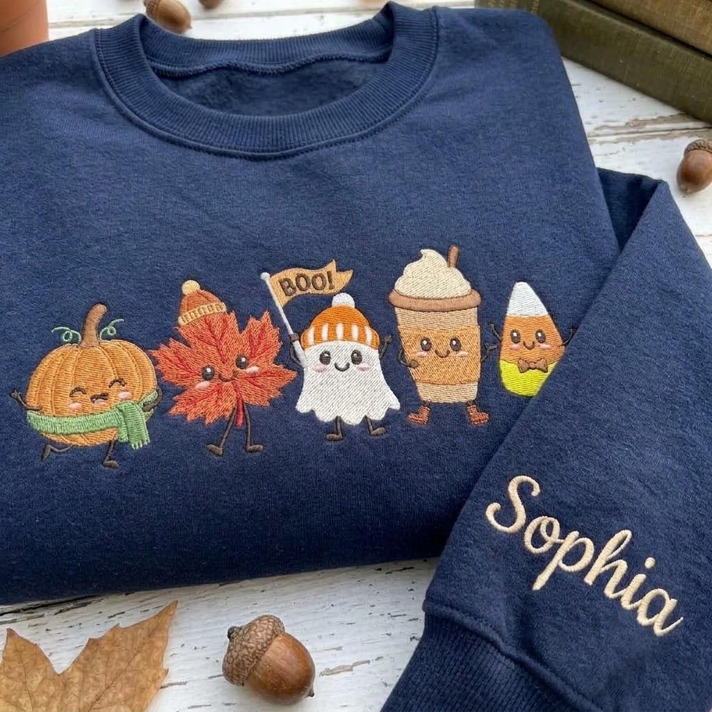 Custom Embroidered Fall Friends Sweatshirt, Personalized Sleeve Name Ghost Latte Crewneck