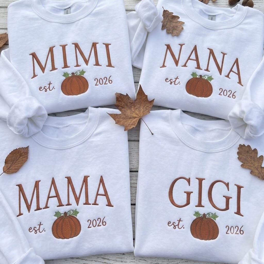 Custom Embroidered Fall Pumpkin Mama Sweatshirt, Personalized Nana Gigi Est Crewneck