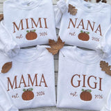 Custom Embroidered Fall Pumpkin Mama Sweatshirt, Personalized Nana Gigi Est Crewneck