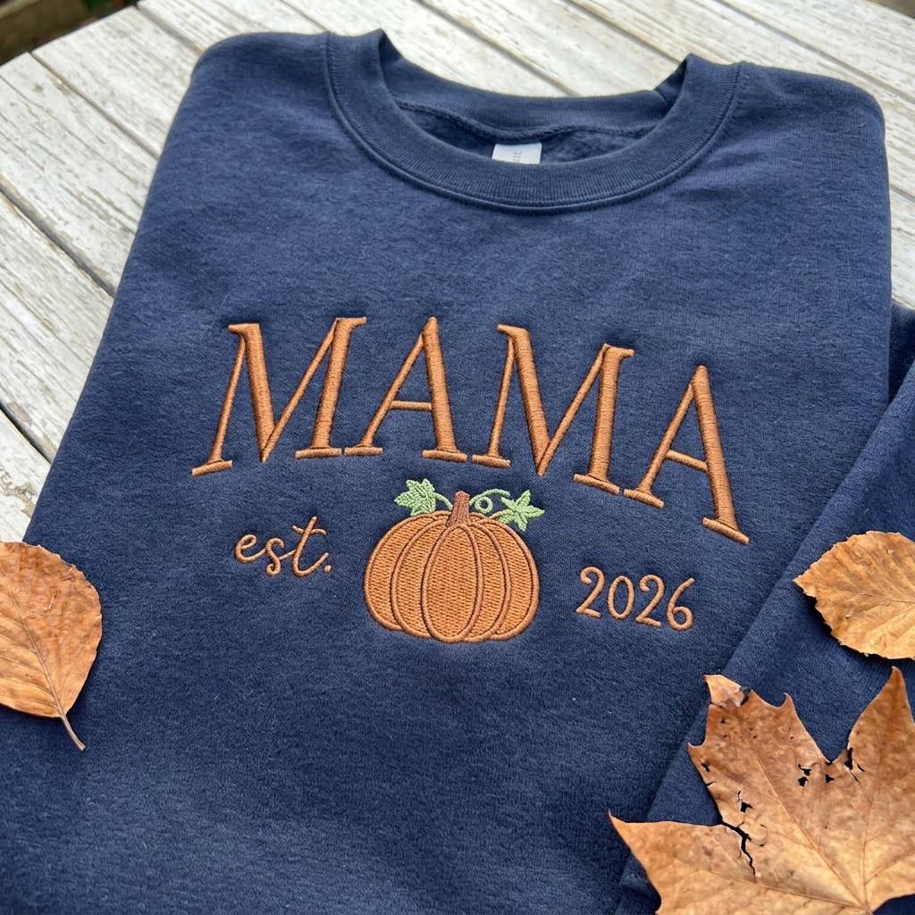 Custom Embroidered Fall Pumpkin Mama Sweatshirt, Personalized Nana Gigi Est Crewneck