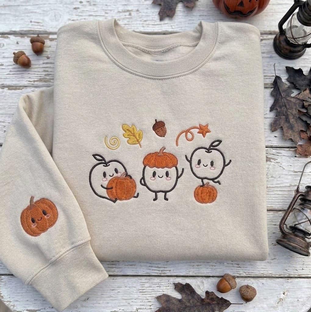 Custom Embroidered Fall Sprites Sweatshirt, Pumpkins Autumn Acorn Sleeve Crewneck