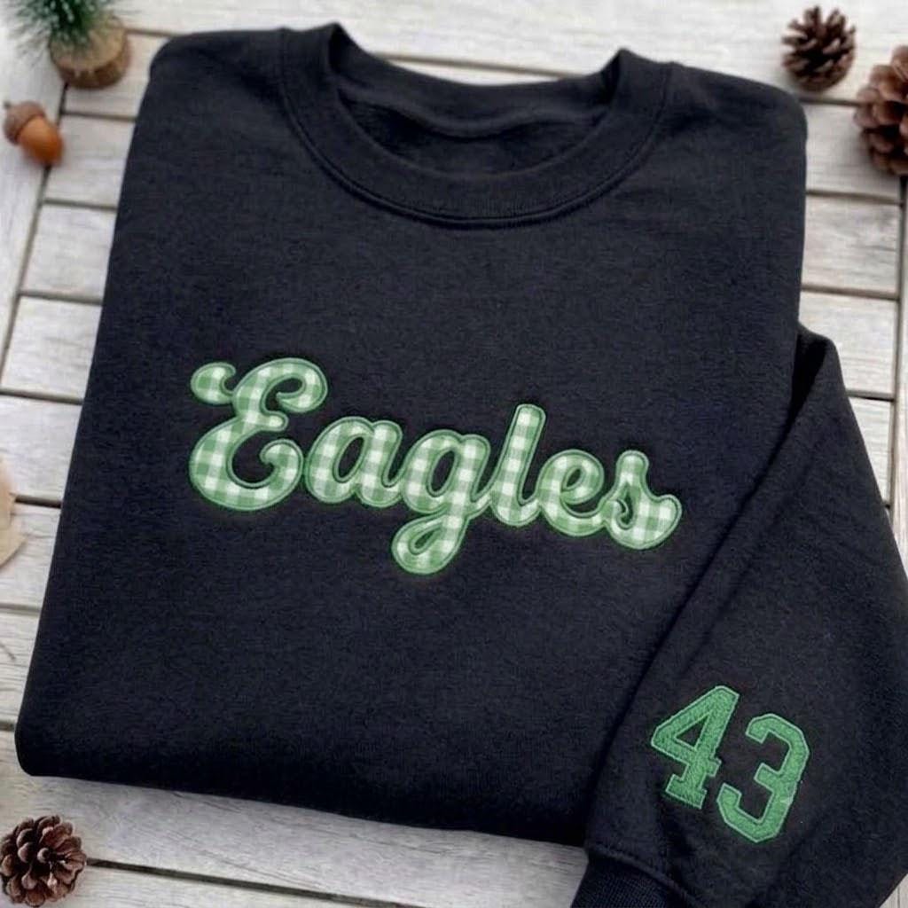 Custom Embroidered Gingham Mascot Sweatshirt, Game Day Jersey Number Sleeve Crewneck
