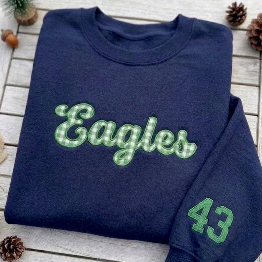 Custom Embroidered Gingham Mascot Sweatshirt, Game Day Jersey Number Sleeve Crewneck