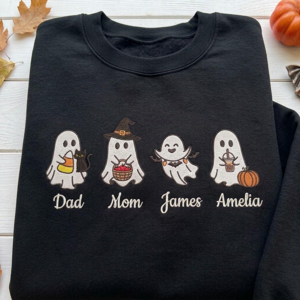 Custom Embroidered Ghost Family Sweatshirt, Personalized Name Matching Halloween Crewneck