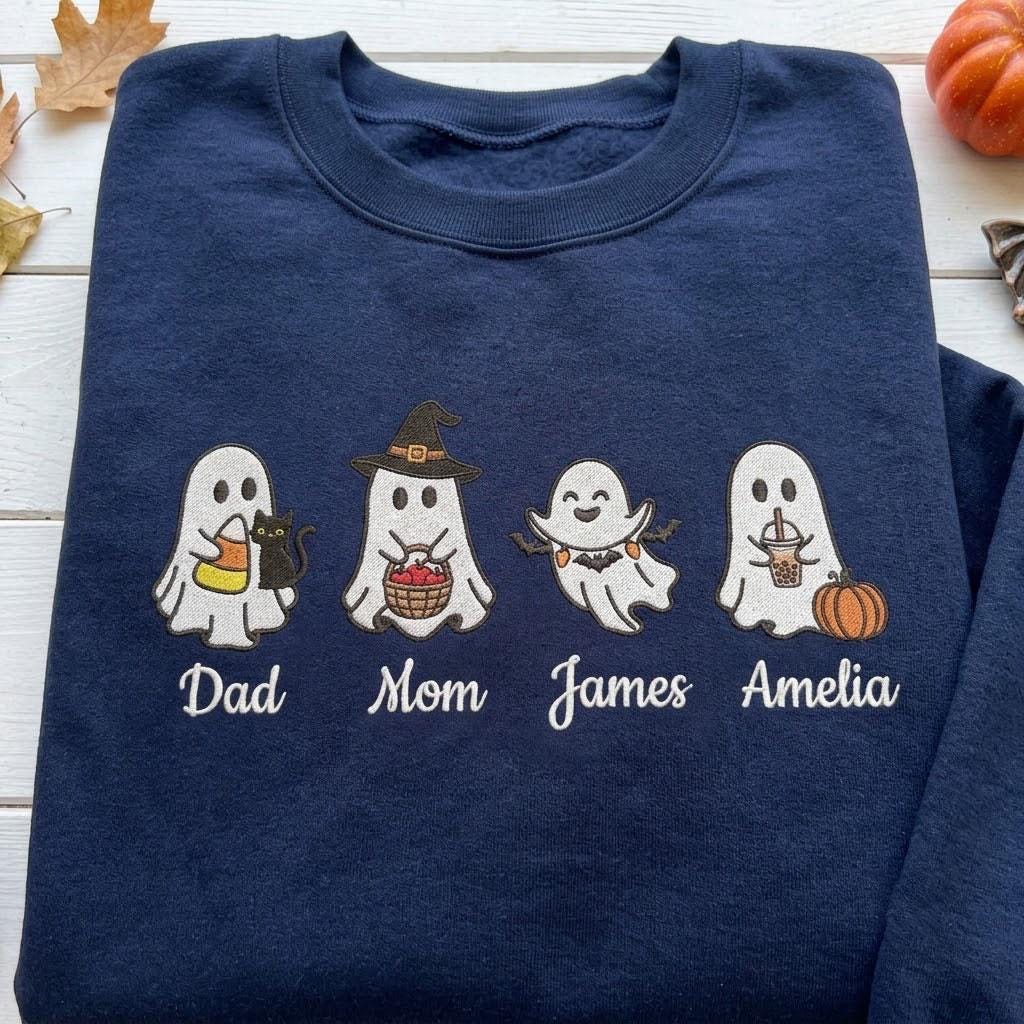 Custom Embroidered Ghost Family Sweatshirt, Personalized Name Matching Halloween Crewneck