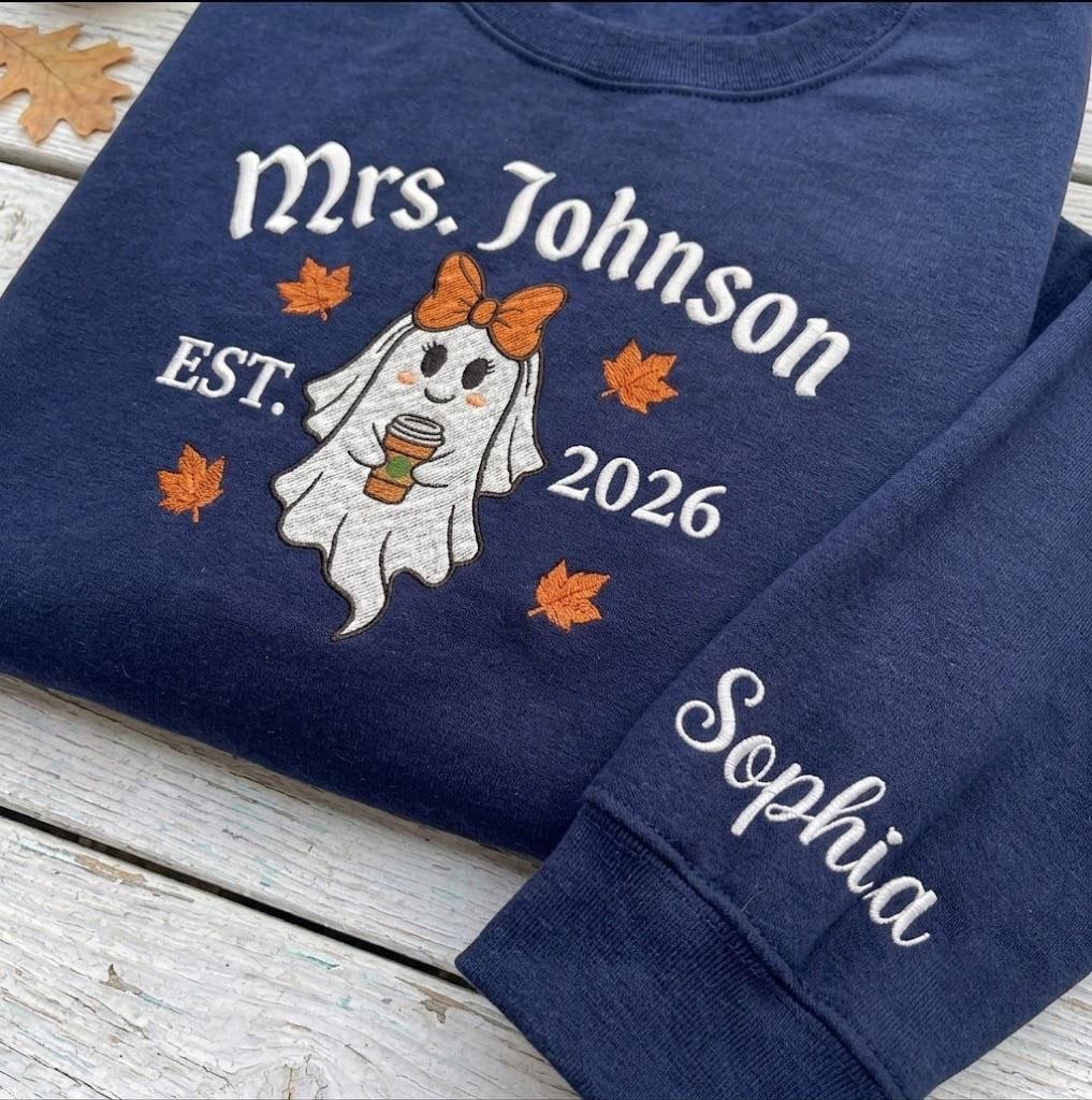 Custom Embroidered Halloween Bride Sweatshirt, Personalized Mrs Name Est Sleeve Crewneck