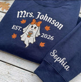 Custom Embroidered Halloween Bride Sweatshirt, Personalized Mrs Name Est Sleeve Crewneck