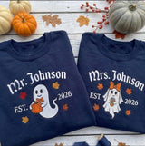 Custom Embroidered Halloween Bride Sweatshirt, Personalized Mrs Name Est Sleeve Crewneck