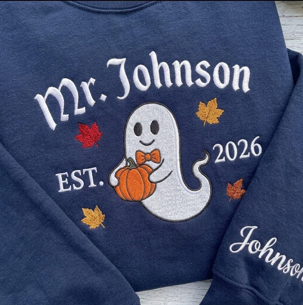 Custom Embroidered Halloween Bride Sweatshirt, Personalized Mrs Name Est Sleeve Crewneck