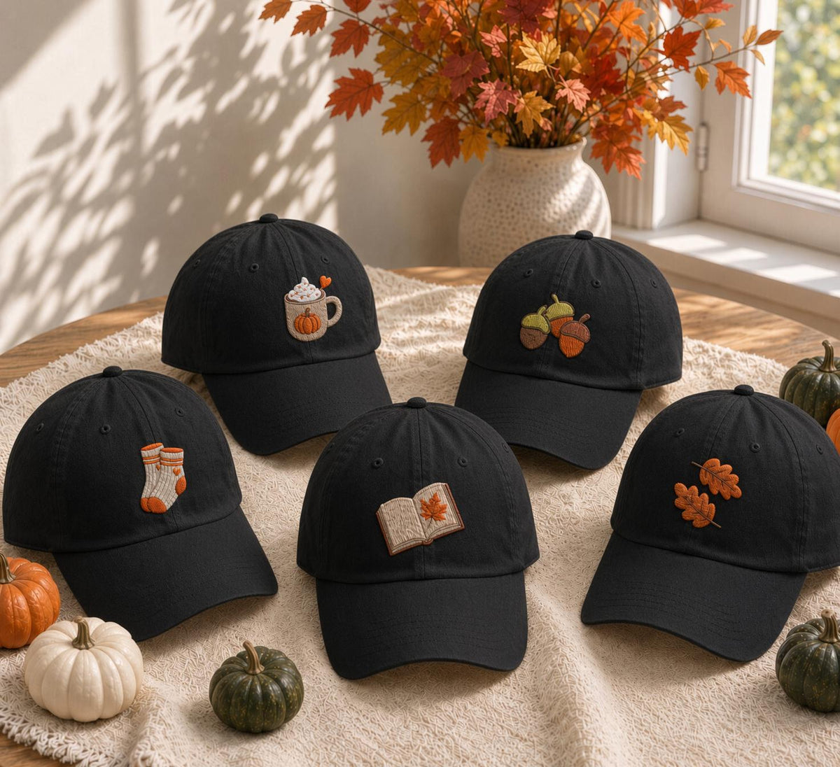 Autumn Book Coffee Pumpkin Embroidered Hat, Cozy Fall Icons Baseball Cap, Reader Gift