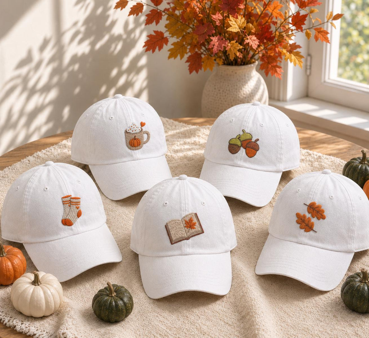 Autumn Book Coffee Pumpkin Embroidered Hat, Cozy Fall Icons Baseball Cap, Reader Gift