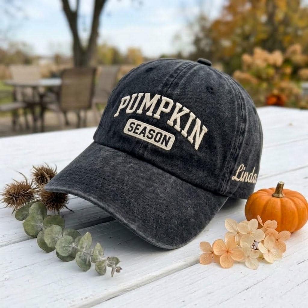 Custom Pumpkin Season Embroidered Hat, Vintage Washed Dad Hat, Personalized Side Name Baseball Cap, Fall Aesthetic Autumn Halloween Gifts