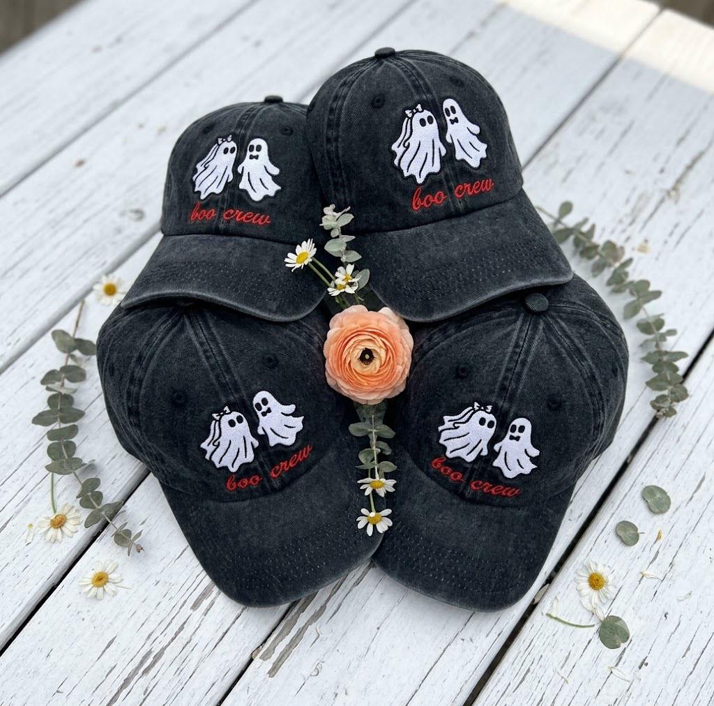 Custom Boo Crew Embroidered Hat, Cute Ghost Couple Halloween Dad Hat, Vintage Washed Baseball Cap, Personalized Side Name Fall Family Gifts