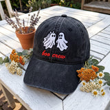 Custom Boo Crew Embroidered Hat, Cute Ghost Couple Halloween Dad Hat, Vintage Washed Baseball Cap, Personalized Side Name Fall Family Gifts