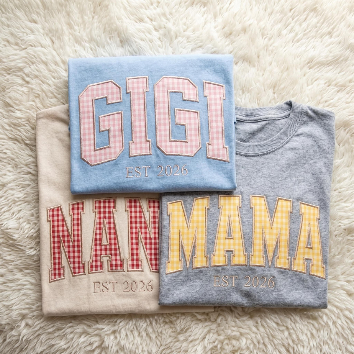 Custom Embroidered Gingham Mama Shirt, Personalized Nana Gigi Est 2026 Shirt, Gingham Applique Grandma T-Shirt, Mothers Day Gift