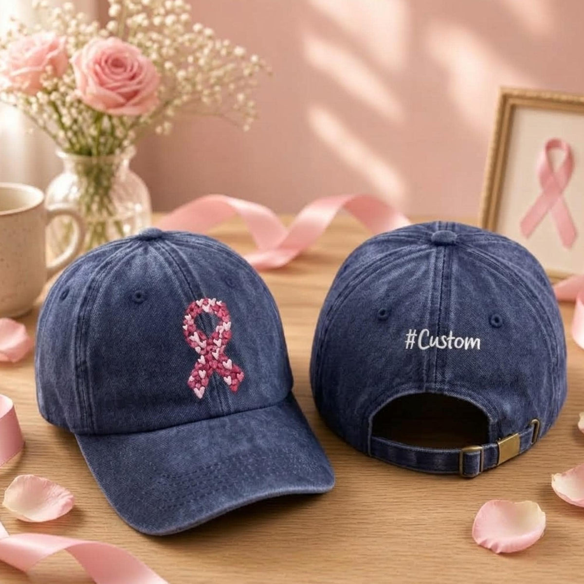 Personalized Pink Ribbon Embroidered Hat, Custom Back Text Baseball Cap, Breast Cancer Awareness Gift