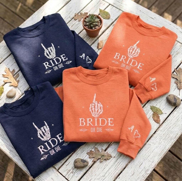Custom Embroidered Bride Or Die Sweatshirt, Gothic Bachelorette Sleeve Initial Crewneck