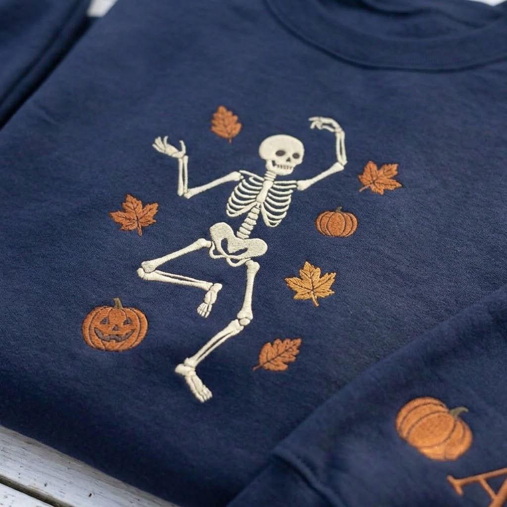 Embroidered Dancing Skeleton Sweatshirt, Custom Sleeve Initial Halloween Crewneck