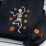 Embroidered Dancing Skeleton Sweatshirt, Custom Sleeve Initial Halloween Crewneck