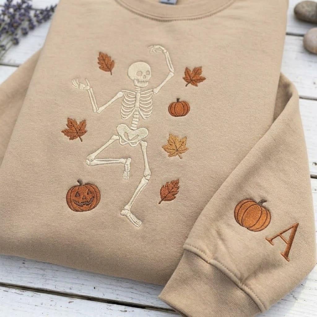 Embroidered Dancing Skeleton Sweatshirt, Custom Sleeve Initial Halloween Crewneck