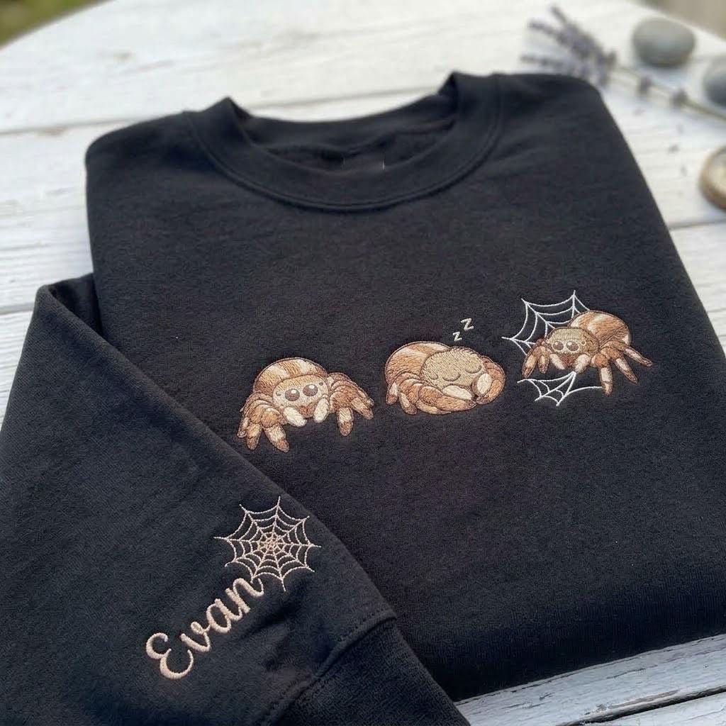 Embroidered Jumping Spider Sweatshirt, Custom Sleeve Name Spider Web Crewneck