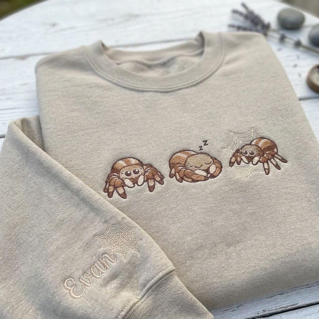 Embroidered Jumping Spider Sweatshirt, Custom Sleeve Name Spider Web Crewneck