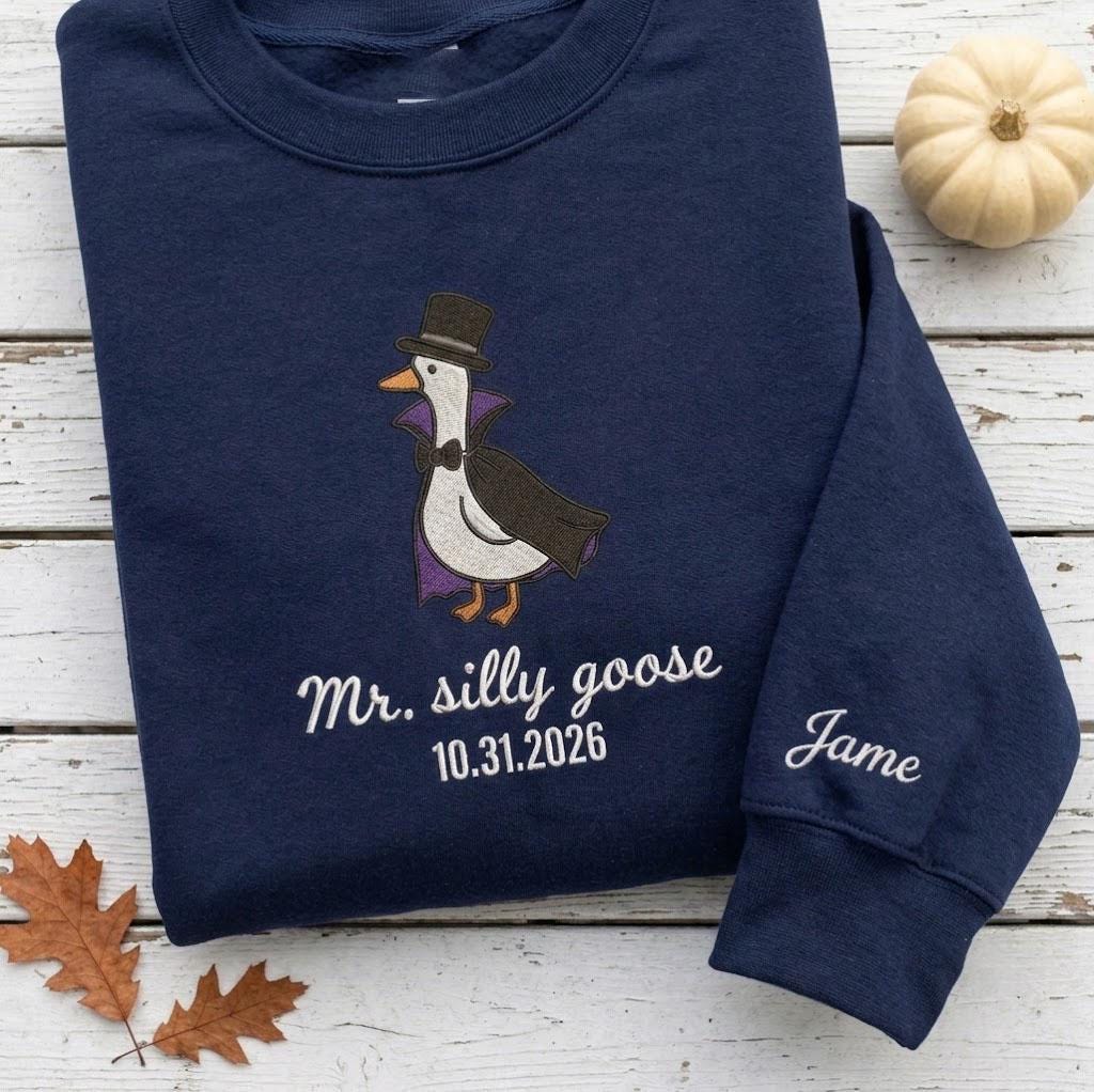 Custom Embroidered Silly Goose Halloween Sweatshirt, Matching Couple Ghost Witch Crewneck