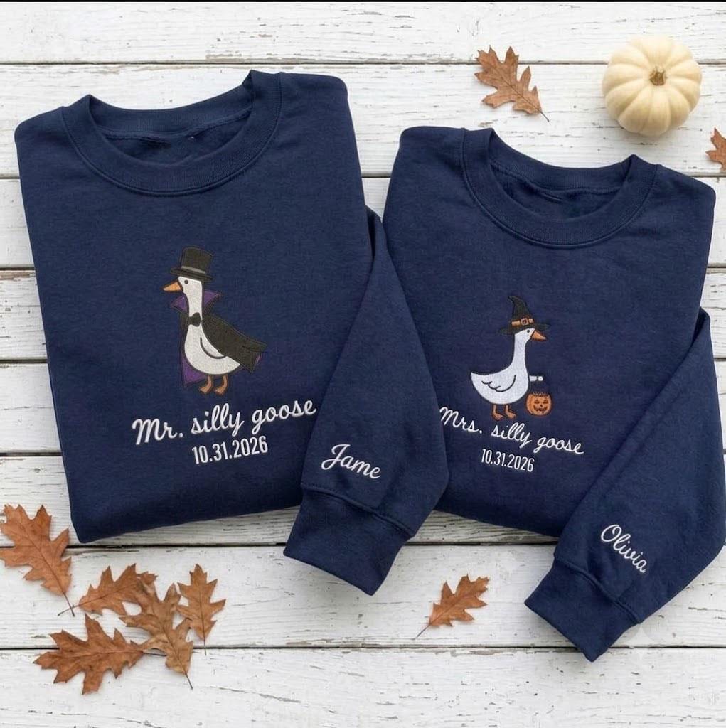 Custom Embroidered Silly Goose Halloween Sweatshirt, Matching Couple Ghost Witch Crewneck