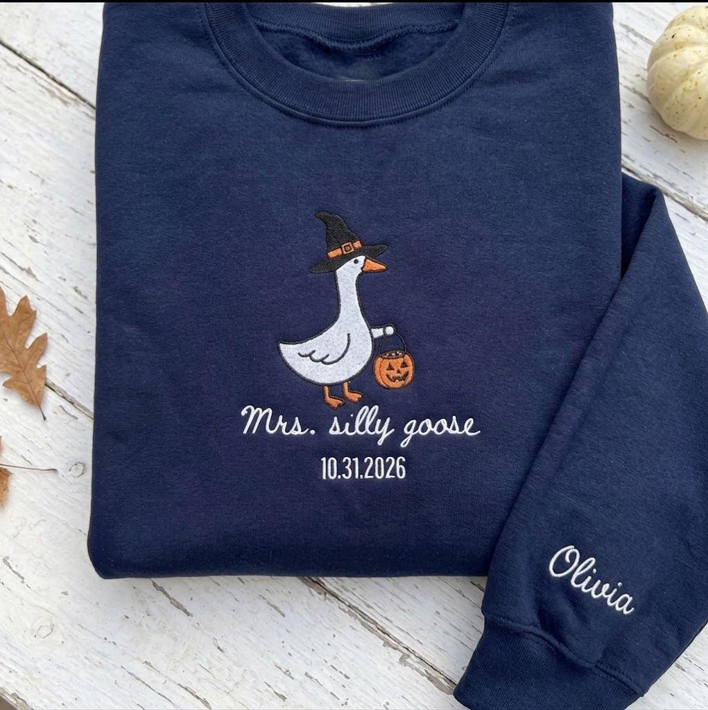 Custom Embroidered Silly Goose Halloween Sweatshirt, Matching Couple Ghost Witch Crewneck