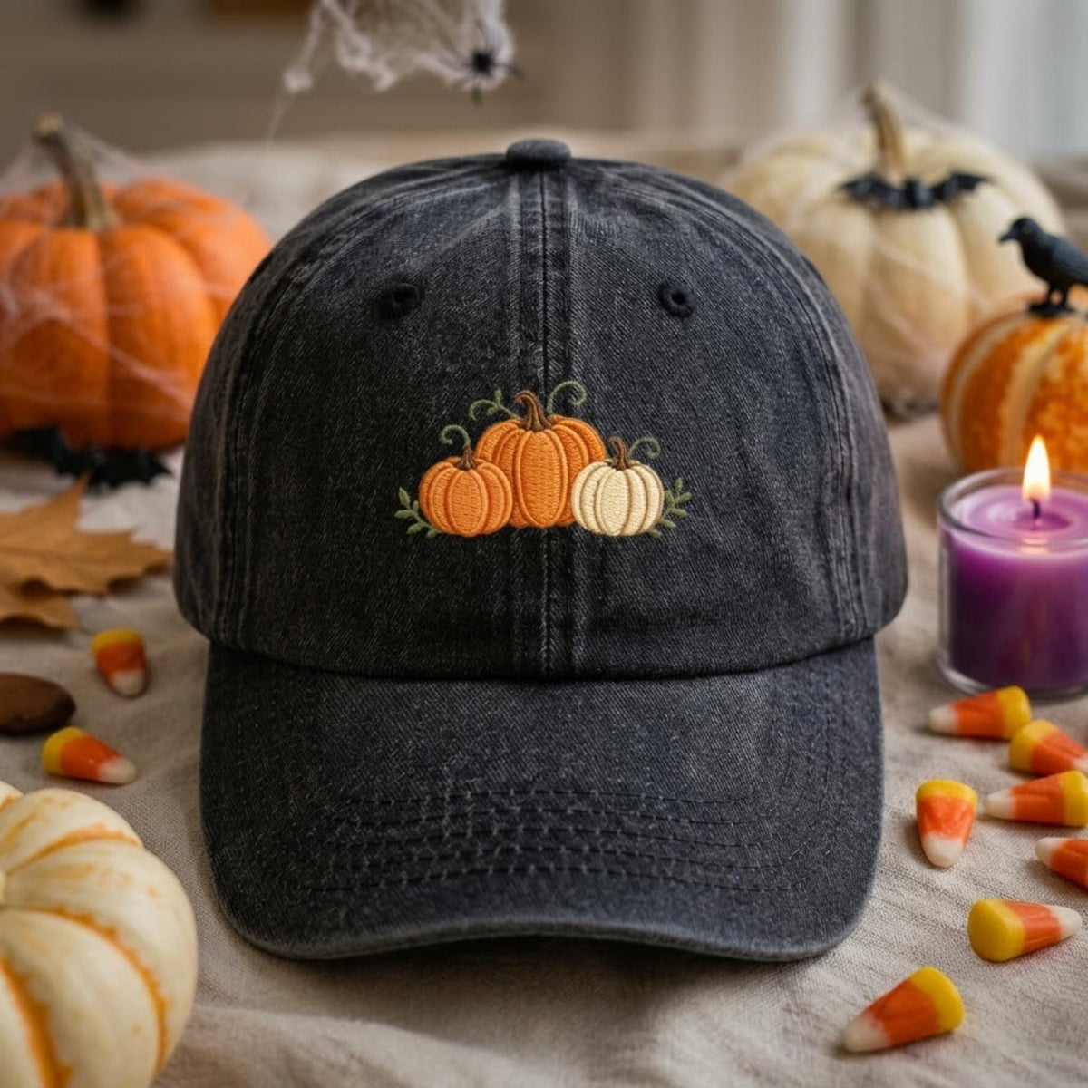 Embroidered Pumpkin Dad Hat, Vintage Washed Denim Baseball Cap, Cute Fall Aesthetic Hat, Autumn Pumpkin Embroidered Cap, Thanksgiving Gift