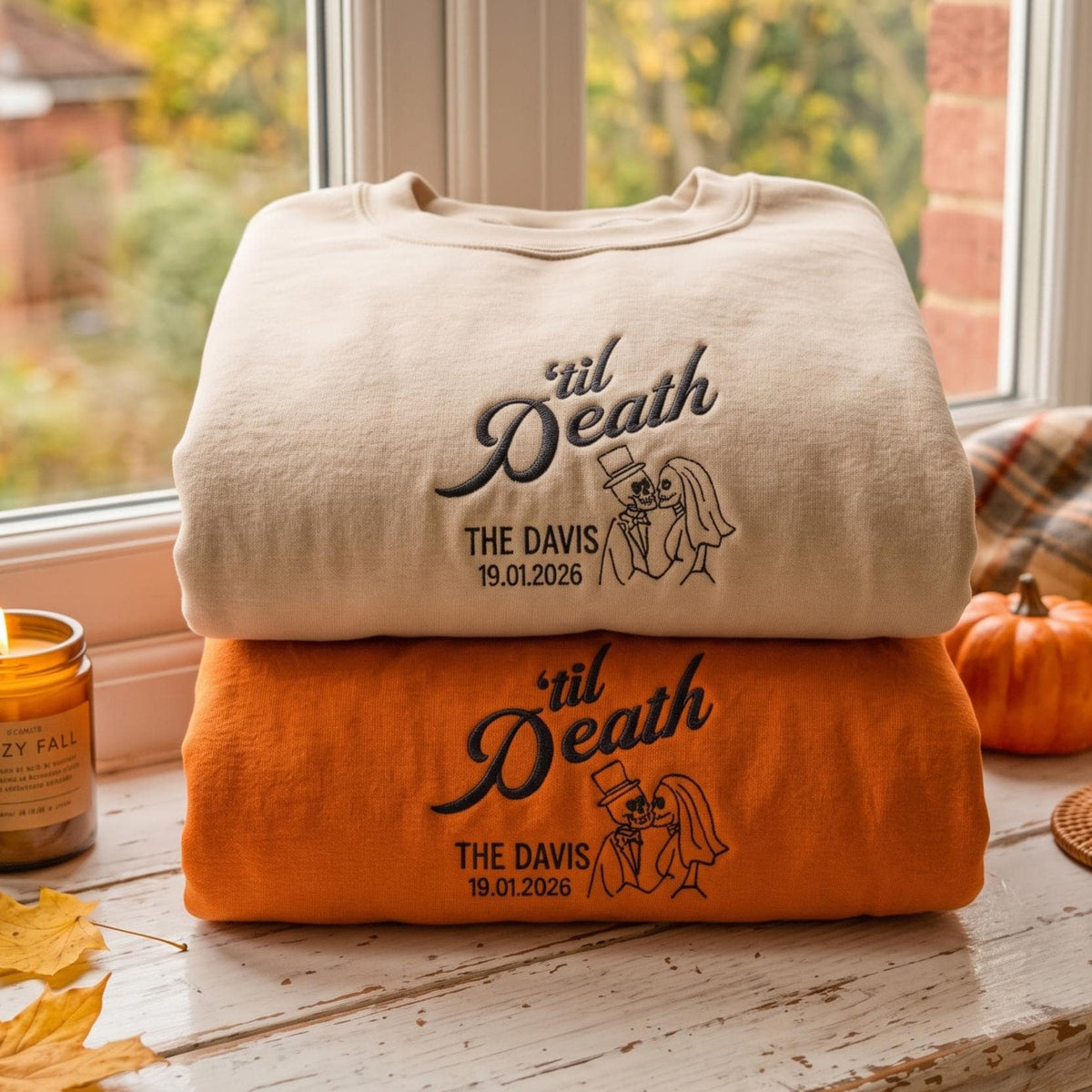 Embroidered Til Death Sweatshirt, Custom Skeleton Hoodie, Sleeve Initial Date Crewneck, Wedding Anniversary Gift, Till Death Do Us Part