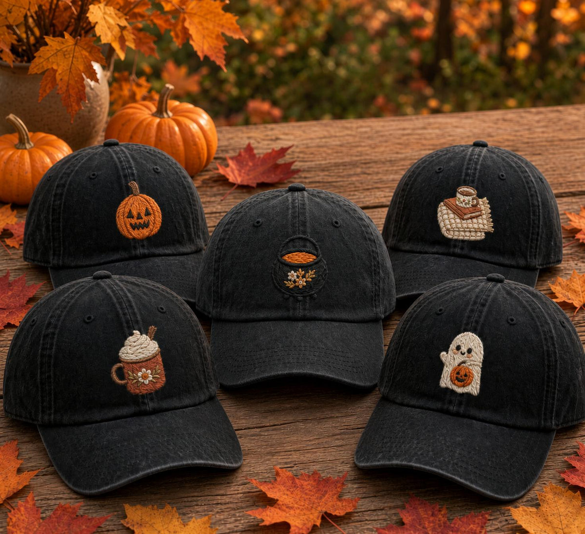 Mini Autumn Icons Embroidered Hat, Minimalist Fall Baseball Cap, Seasonal Nature Gift